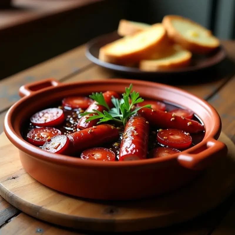 Fuente de barro con rodajas de chorizo, salchichón y morcilla asadas al vino tinto, bañadas en una salsa oscura y brillante. Acompañadas de pan rústico y decoradas con perejil fresco. Receta tradicional castellana de taberna.