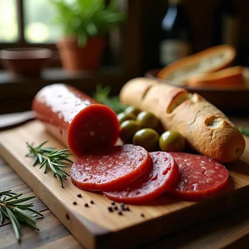 Tabla de madera con embutidos caseros de pollo y hierbas cortados en rodajas, chorizo y morcilla sin cerdo, acompañados de pan rústico y aceitunas.