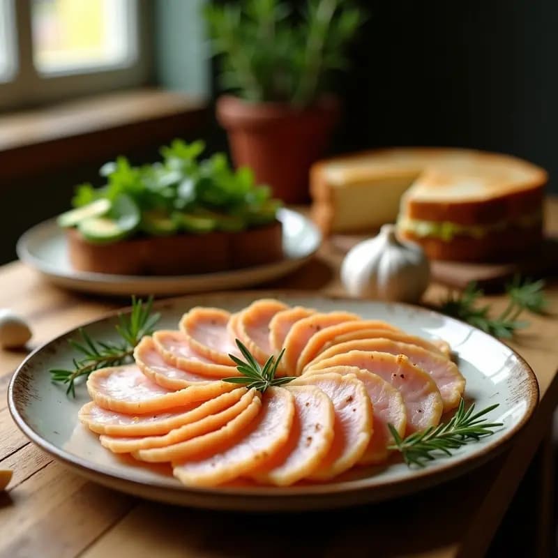 Tabla de madera con embutidos caseros de pollo al romero y ajo cortados en rodajas finas, acompañados de pan de molde tostado y hierbas frescas. Receta española para sandwiches gourmet.