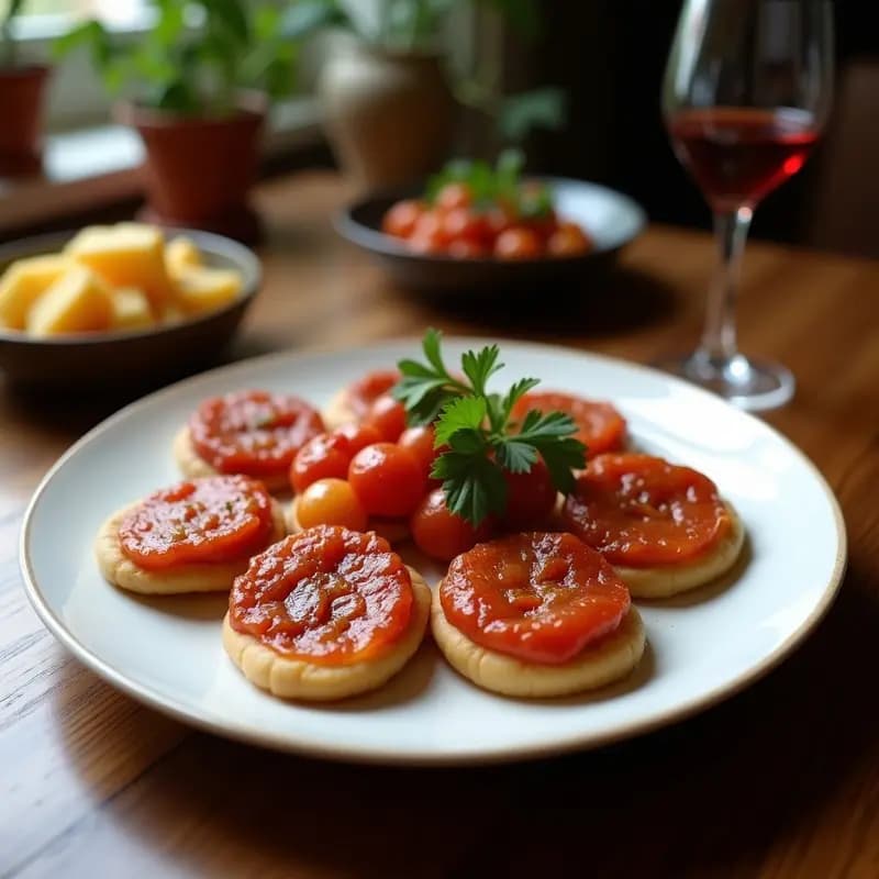 Cazuela de barro humeante con embutidos de caza en salsa de vino tinto, rodajas de chorizo y morcilla, patatas tiernas y una salsa espesa y oscura, servida con pan rústico al lado.