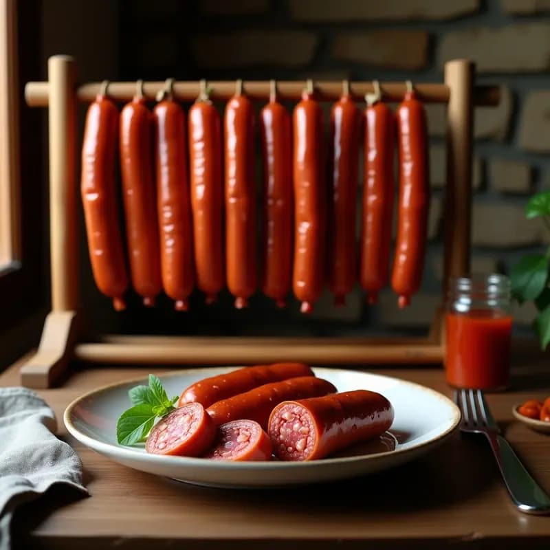Embutidos caseros de chorizo y pimentón recién hechos, colgando de un gancho de madera en una cocina rústica, con un fondo de especias y tripas naturales.
