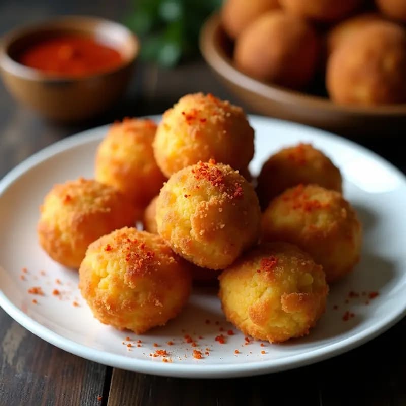 Croquetas doradas y crujientes de chorizo y morcilla con bechamel, servidas en plato blanco sobre fondo rústico de madera, receta tradicional española de embutidos en gabardina.
