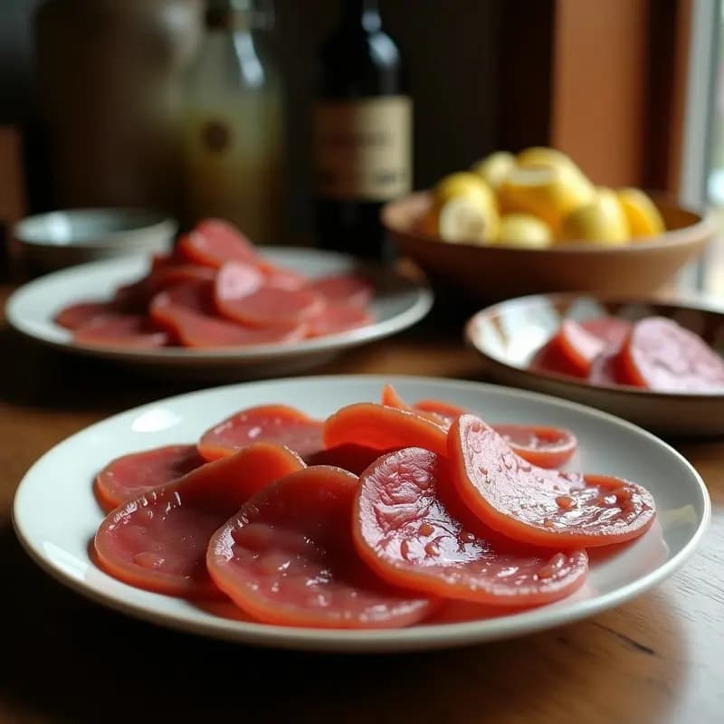 Tarro de vidrio transparente lleno de embutidos ibéricos en lonchas y trozos, completamente cubiertos por manteca de cerdo dorada y aromatizada con especias. Receta tradicional extremeña de conservación en manteca.