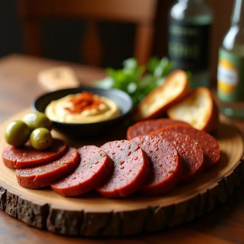 Tabla de madera rústica con rodajas de embutidos veganos de lentejas y pimentón ahumado, dispuestos junto a aceitunas verdes, pan tostado y un cuenco de hummus. Receta española vegana para tapas en 30 minutos.