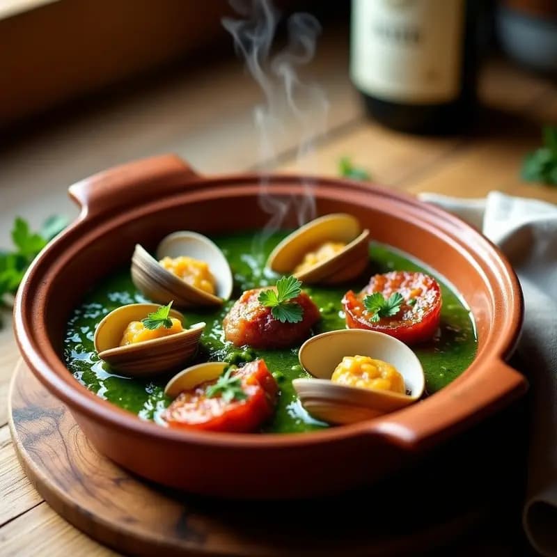 Cazuela de barro con embutidos en rodajas, almejas abiertas y salsa verde espesa, decorada con perejil fresco. Tapa costera tradicional española.