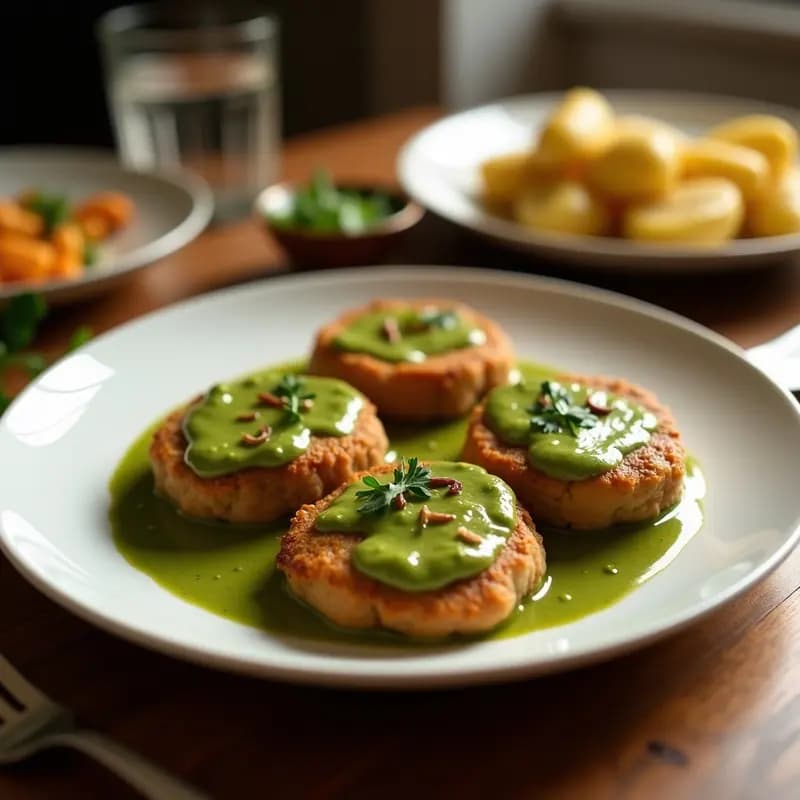 Cazuela de barro con embutidos en salsa verde y patatas, receta vasca tradicional lista para servir en tupper, con chorizo y morcilla cortados en rodajas gruesas, patatas doradas y salsa verde espesa con perejil fresco.