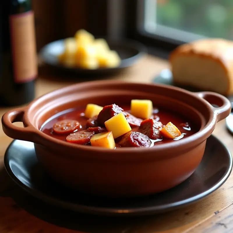 Cazuela de barro humeante con embutidos en salsa de vino tinto, rodajas de choricillo y morcilla bañadas en una salsa oscura y brillante, acompañadas de patatas doradas. Plato tradicional español servido en mesa rústica con pan en segundo plano.