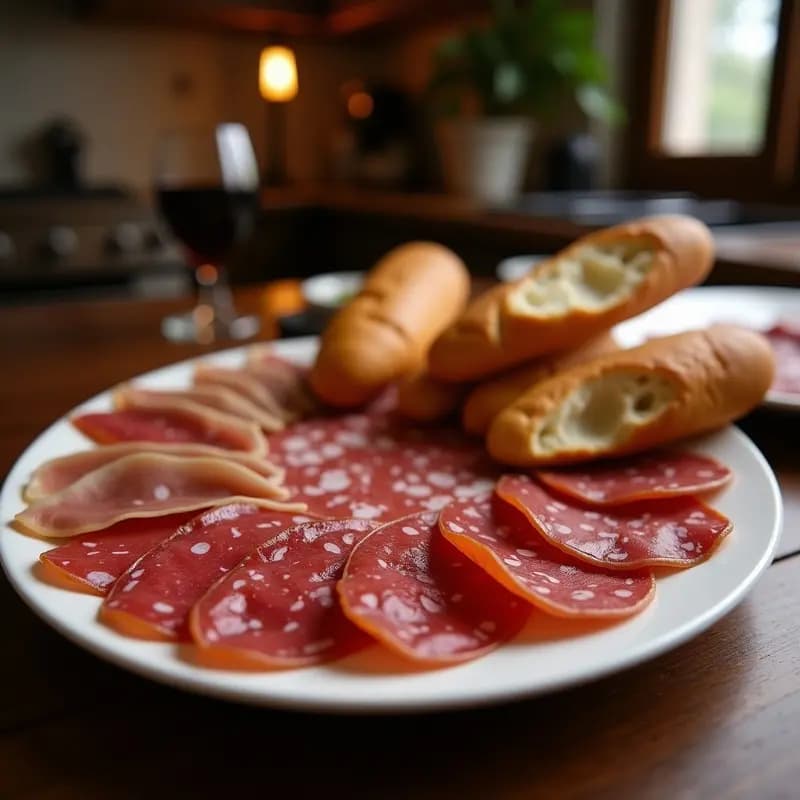 Tablero de madera rústico con pan de centeno tostado, embutidos ibéricos en láminas, queso curado en dados, aceitunas, almendras y pimientos del piquillo, decorado con romero fresco. Receta tradicional para compartir.