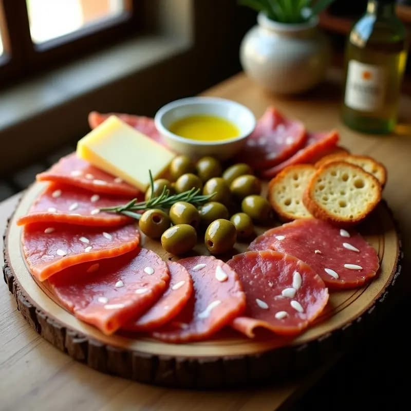 Tabla de madera rústica con embutidos de la tierra (chorizo, morcilla y lomo) cortados en rodajas finas, queso manchego en cuñas, pimientos del piquillo, aceitunas verdes y pan de hogaza tostado. Combinación tradicional ibérica para compartir en casa.