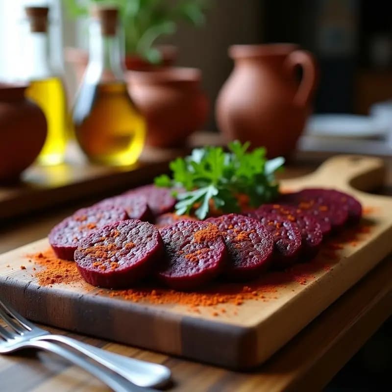 Rodajas de embutido vegano de lentejas y remolacha con especias ahumadas, dispuestas en un plato de madera con semillas de sésamo por encima. Receta española para tupper, con color morado intenso y textura firme.