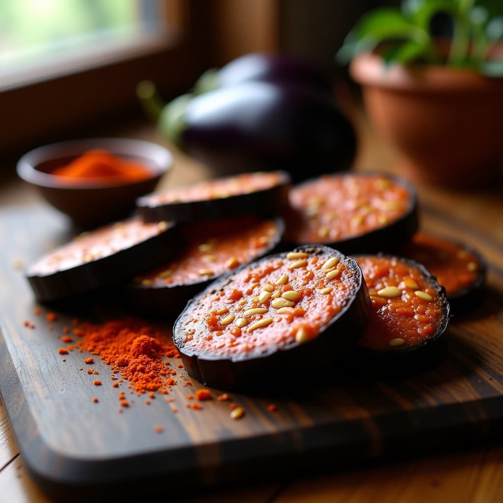 Rodajas gruesas de embutido vegetal de berenjena y pimentón sobre tabla de madera rústica, con semillas de girasol visibles y un toque de pimentón espolvoreado. Receta vegana española en Thermomix.