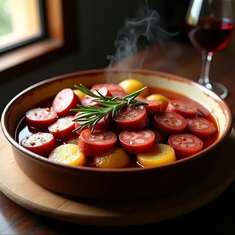 Fuente de horno rústica con embutidos al vino tinto (chorizo y morcilla en rodajas) sobre patatas panaderas doradas, bañadas en salsa oscura de vino, con hojas de laurel y romero. Plato tradicional español de tapeo caliente.