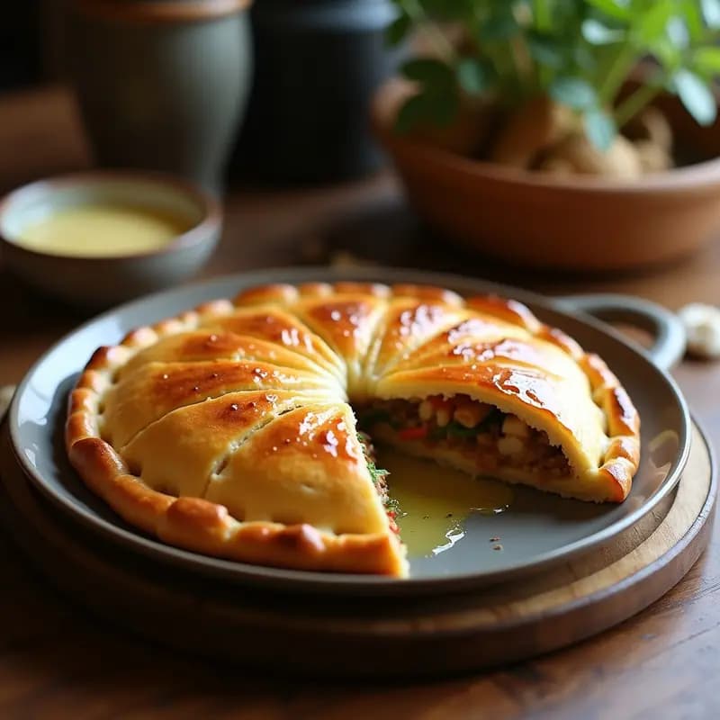 Empada gallega de zorza dorada y crujiente sobre una bandeja de horno rústica, con cortes en la superficie y un color dorado intenso, acompañada de un trozo cortado que muestra el relleno jugoso de zorza y verduras.