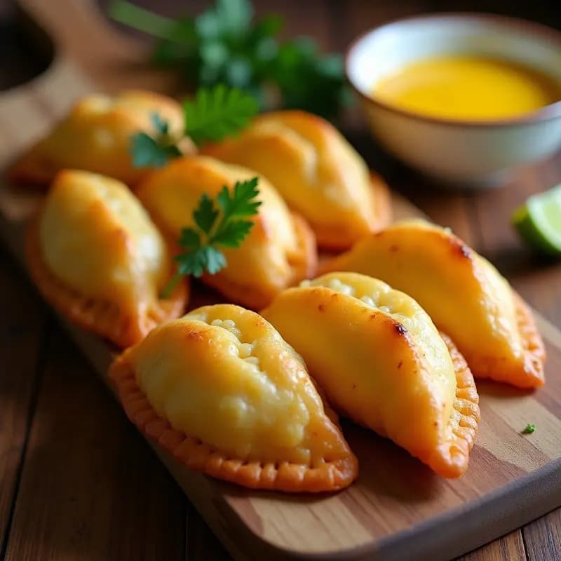 Empadas brasileñas de palmito y queso Catupiry en masa de yuca, doradas y crujientes, servidas en una bandeja de madera con hojas de perejil fresco.