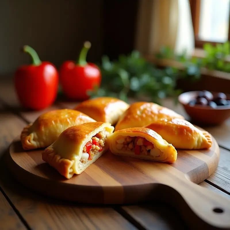 Empanada de bonito y pimiento tradicional canaria con masa de harina integral dorada, cortada por la mitad mostrando el relleno jugoso de bonito desmenuzado y pimiento asado, sobre una tabla de madera rústica con fondo borroso de cocina.