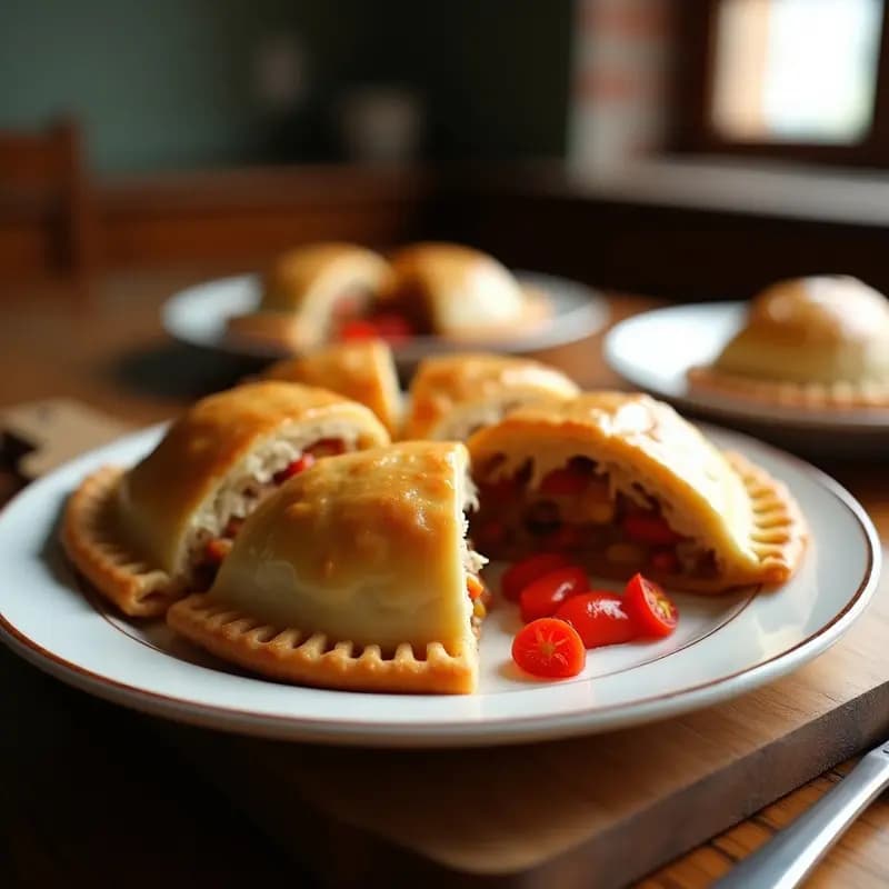Empanada murciana de Pascua dorada y crujiente, rellena de bonito del Norte y pimientos asados, cortada en porciones y servida en una bandeja de madera rústica.