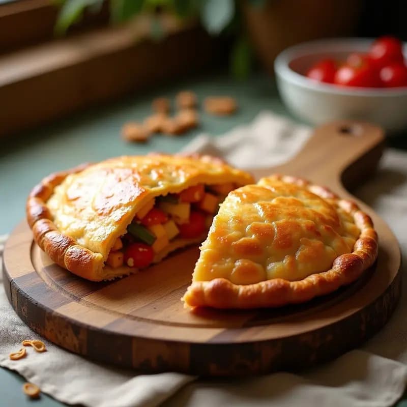 Empanada dorada y crujiente de bonito y pimientos del piquillo, cortada en porciones sobre una tabla de madera rústica, con migas de masa visibles y el relleno jugoso al corte, receta tradicional del norte de España.