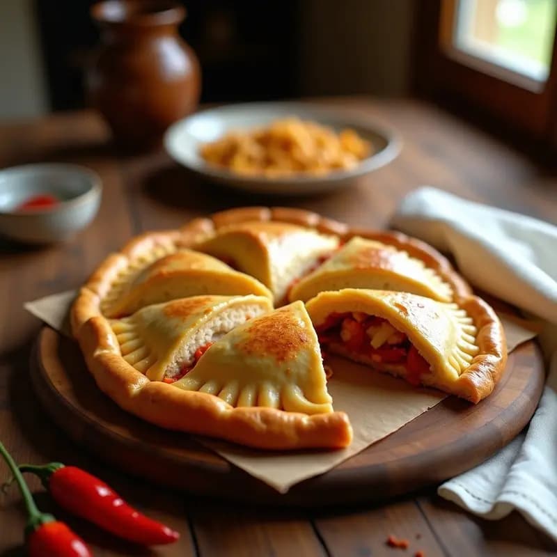 Empanada cántabra dorada y crujiente sobre una bandeja de horno, con el bordes bien sellados y cortes en cruz en la superficie. Se aprecian capas de bonito desmenuzado y pimientos del piquillo en su interior, servida en un plato rústico de madera.