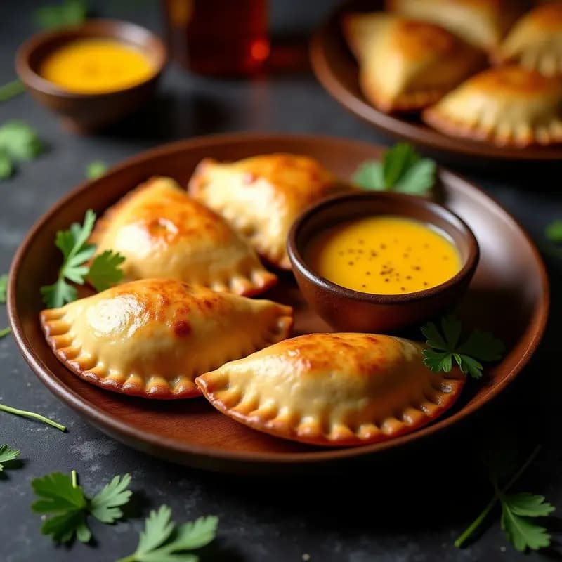 Empanadas doradas y crujientes rellenas de carne mechada jugosa con queso fundido derritiéndose, servidas en un plato de madera con salsa de ají amarillo al lado, receta fusión peruano-argentina.
