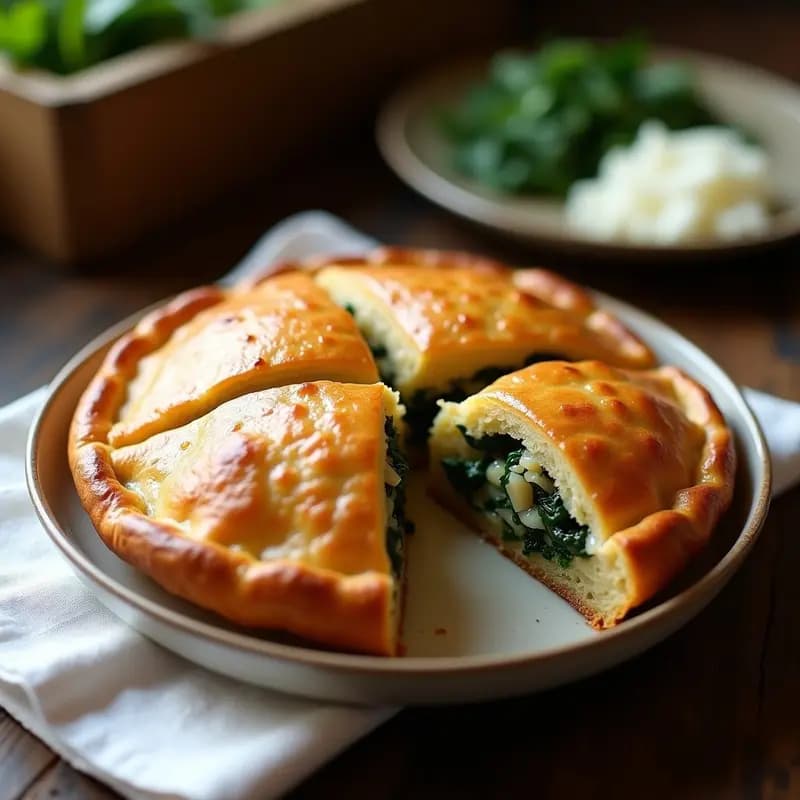 Empanada galaica dorada y crujiente en molde redondo, con relleno de zamburiñas y espinacas, cortada en porciones para mostrar su interior jugoso. Receta tradicional de mar.