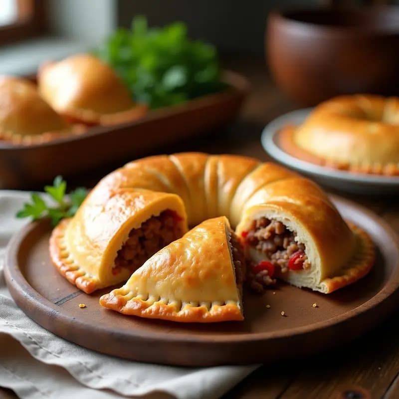 Empanada de zorza asturiana recién horneada con masa fina dorada y relleno jugoso de cerdo, servida en bandeja de madera rústica.