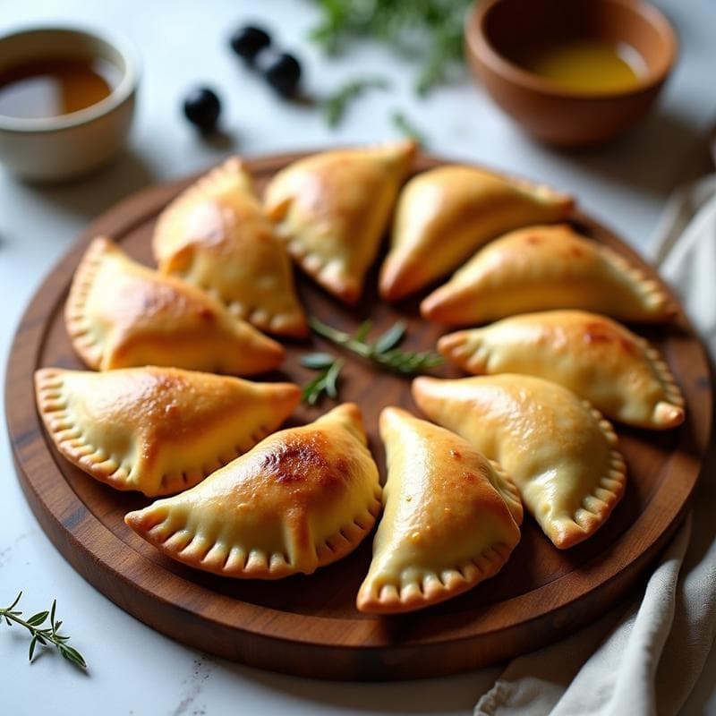 Empanadas griegas sin gluten de aceituna kalamata y queso de almendra, doradas y crujientes, servidas en bandeja de madera con aceitunas decorativas.