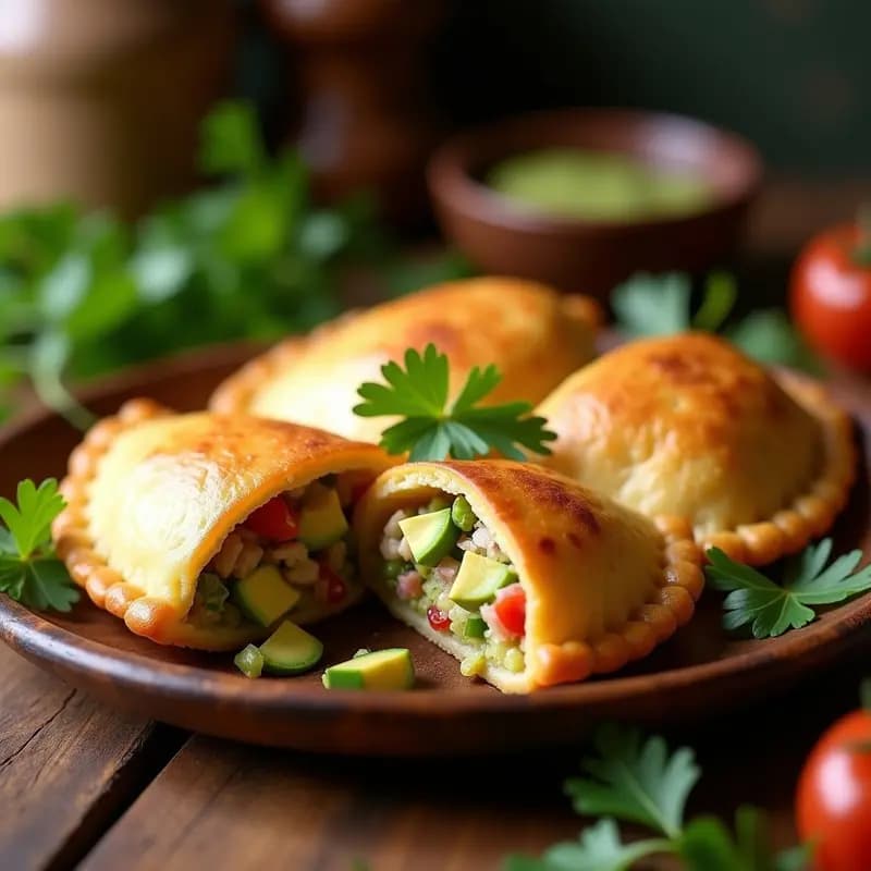 Empanadas doradas y crujientes de masa de yuca rellenas de aguacate y atún, con un corte en forma de media luna mostrando el interior cremoso. Decoradas con hojas de cilantro sobre un plato de madera rústico, con fondo borroso de cocina.