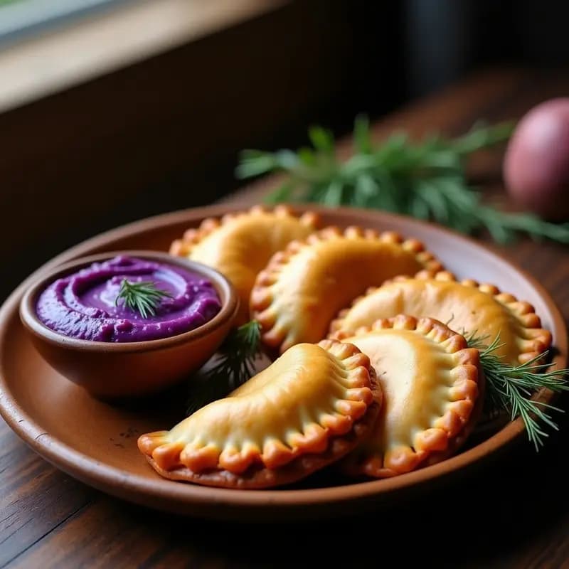 Empanadas doradas y crujientes de carne de alce con bordes bien sellados, servidas sobre un plato de madera rústica con un acompañamiento cremoso de puré de camote morado. La foto muestra el contraste de colores entre el morado intenso del puré y el dorado de las empanadas, resaltando la textura crujiente de la masa paleo.