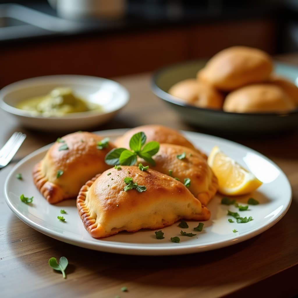 Empanadas doradas y crujientes de masa de algas nori con relleno de atún vegano, servidas en un plato de madera con semillas de sésamo y acompañadas de salsa cremosa. Receta marina en airfryer.