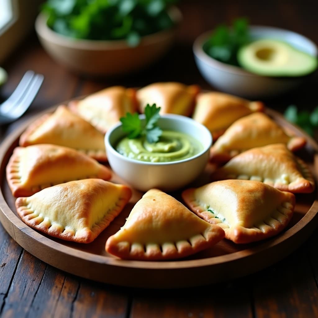 Empanadas doradas de masa de almendra con relleno verde de espinacas y queso de cáscara, dispuestas en una bandeja de madera rústica con hierbas frescas y un dip de aguacate al lado. Receta sin gluten en Thermomix.
