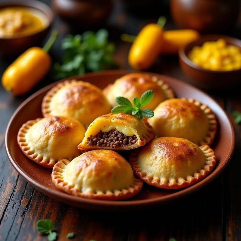 Empanadas doradas y crujientes de carne de alpaca y queso de oveja, servidas en un plato de barro rústico con un toque de ají amarillo visible en el relleno. Receta andina en airfryer.