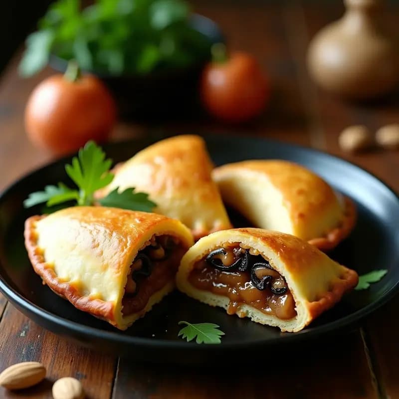 Empanadas veganas gourmet de amaranto y queso de almendras con relleno de hongos portobello, doradas y crujientes, cortadas por la mitad para mostrar su interior cremoso y umami, servidas en un plato de cerámica negra con perejil fresco.
