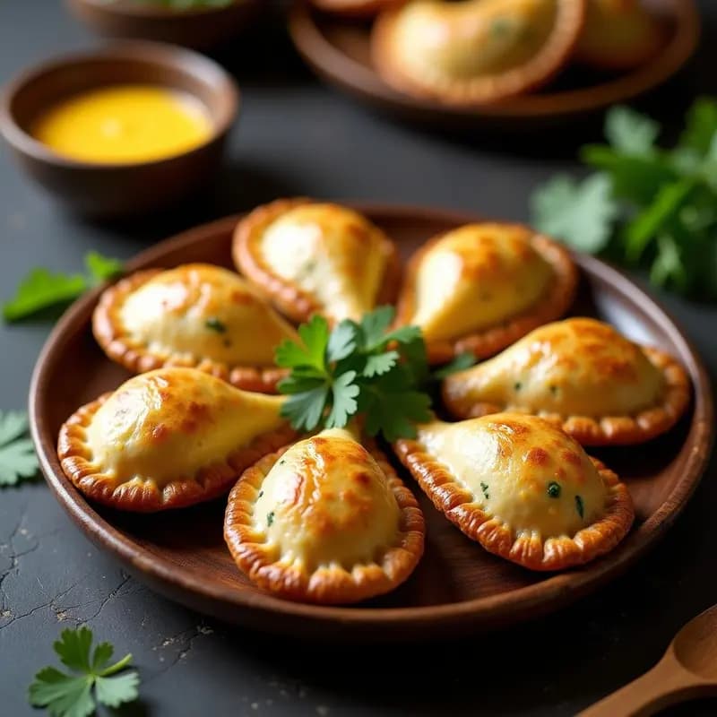 Empanadas andinas doradas y crujientes rellenas de espinaca y queso fresco, dispuestas en una bandeja de madera con hierbas frescas al lado.