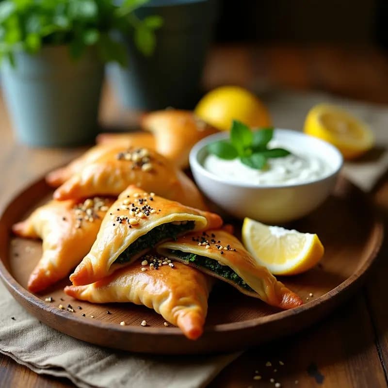 Empanadas árabes doradas y crujientes de masa filo rellenas de espinaca y piñones, dispuestas en bandeja de madera con semillas de sésamo negro y un dip de yogur vegano al lado, receta libanesa vegana.