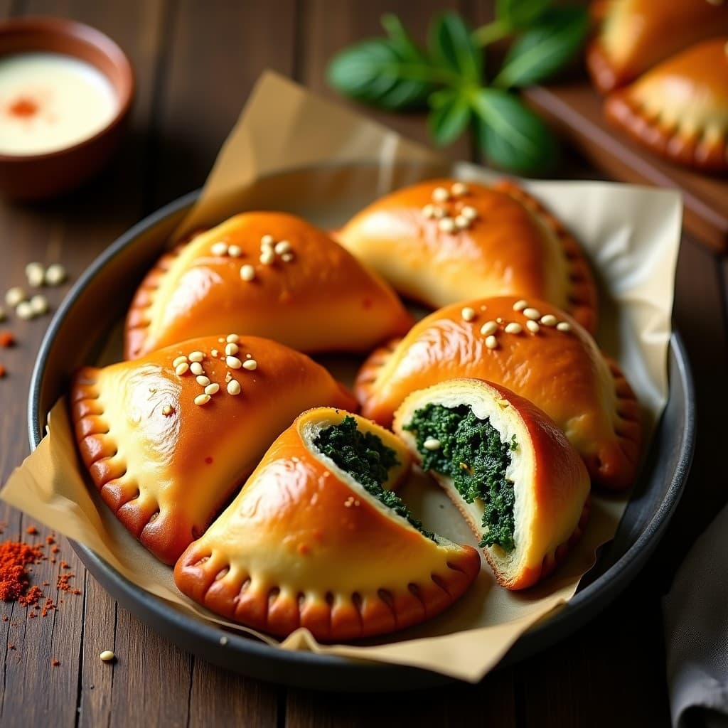 Empanadas árabes doradas y crujientes al horno, rellenas de espinacas verdes y queso halloumi, espolvoreadas con semillas de sésamo sobre papel de horno.