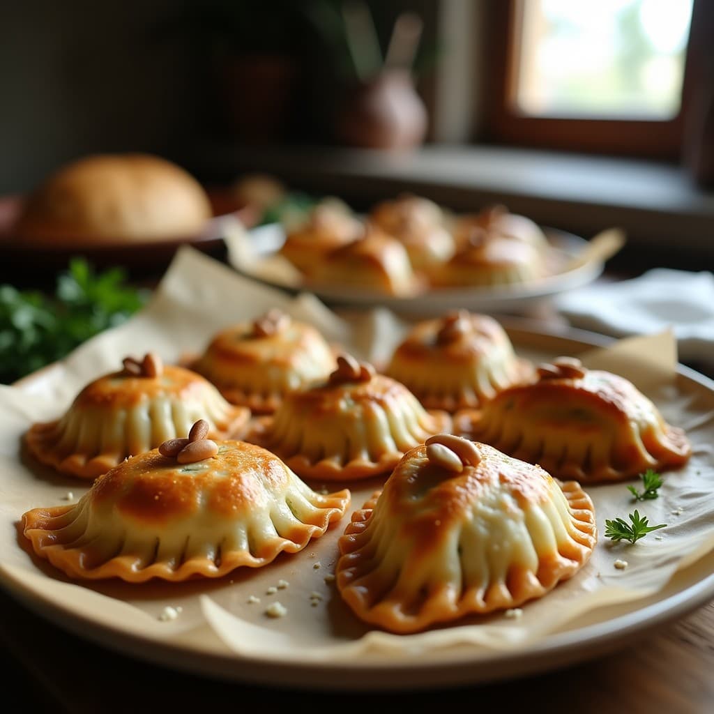 Empanadas árabes doradas y crujientes con forma de media luna, rellenas de espinacas y piñones, sobre una bandeja de horno con papel vegetal. Detalle de los piñones tostados y la textura hojaldrada de la masa filo.