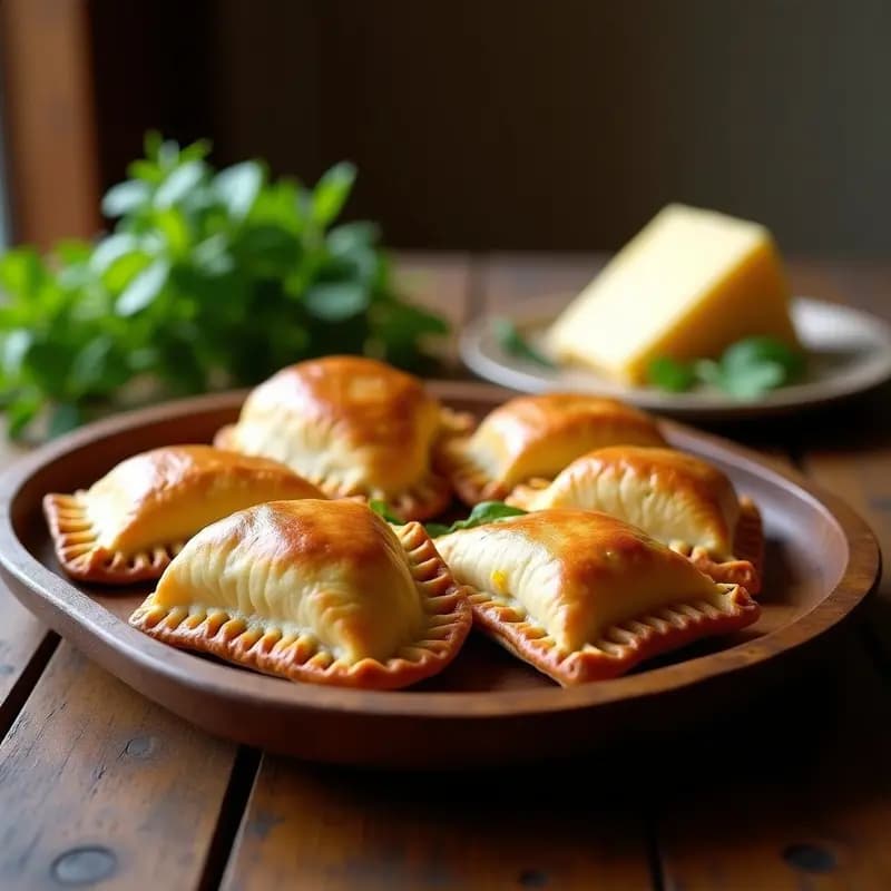 Empanadas aragonesas de borrajas doradas y crujientes, rellenas de verduras de temporada, servidas en una bandeja de madera rústica con un fondo de cocina tradicional española.