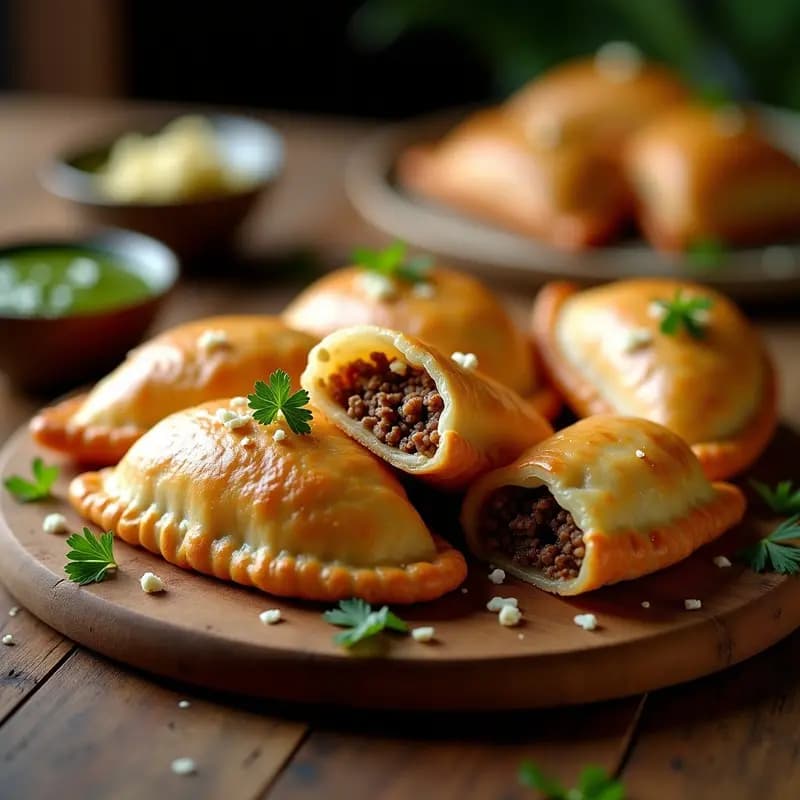 Empanadas argentinas doradas y crujientes en airfryer, rellenas de carnes mixtas y queso azul desmenuzado, con repulgue tradicional en media luna, servidas sobre papel de horno con salsa criolla al lado.