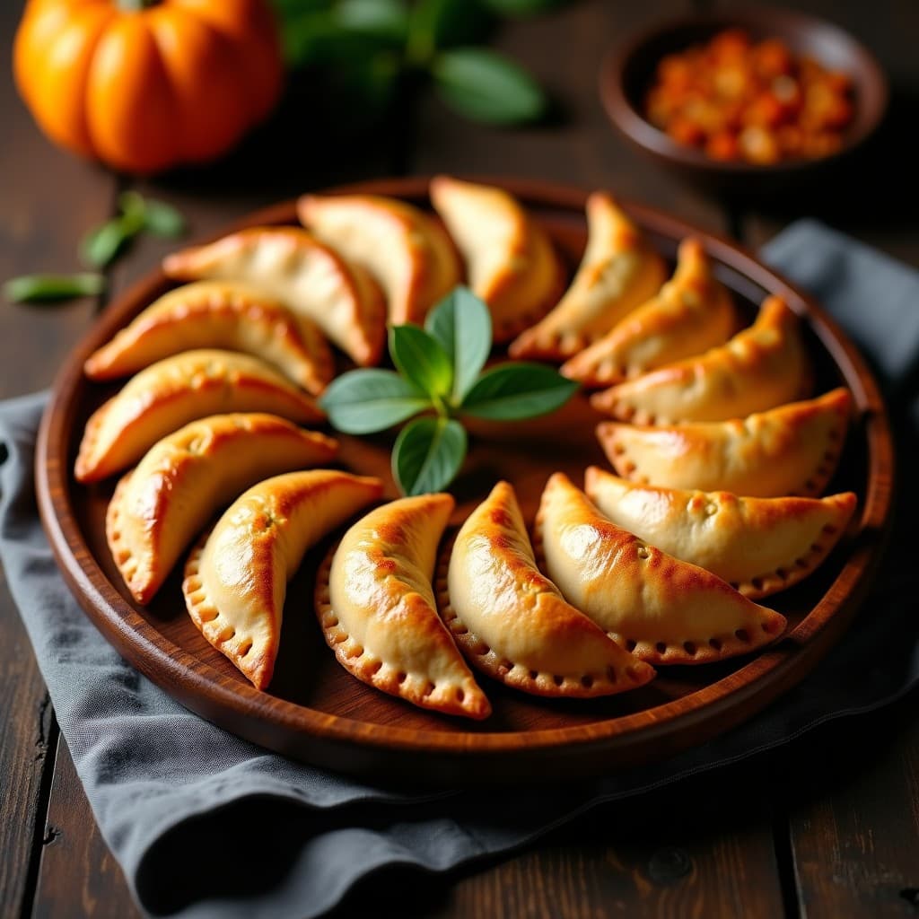 Empanadas argentinas doradas y crujientes rellenas de carne de res y purgá de calabaza, dispuestas en una bandeja de madera rústica con hoja de laurel de decoración. Receta tradicional con masa integral.