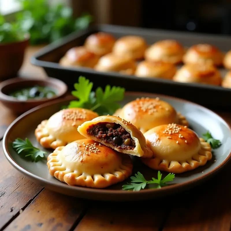 Empanadas argentinas de carne y huevos duros doradas en bandeja de horno, con repulgue en espiral y brillo de huevo. Relleno jugoso con trozos de huevo duro y aceitunas visibles. Ideal para fiestas y tupper.