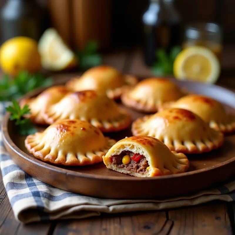 Empanadas argentinas de carne y humita al horno, doradas y crujientes, con relleno jugoso de carne picada y maíz tierno, dispuestas en bandeja de madera rústica.