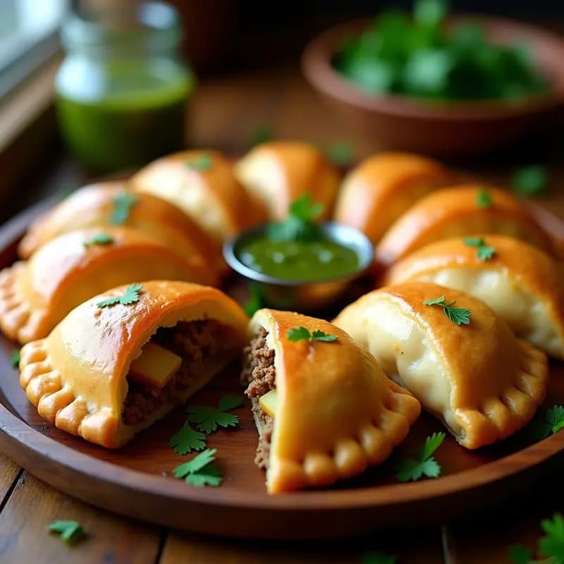 Empanadas argentinas veganas doradas en bandeja de horno, rellenas de carne de soya, papa y chimichurri, con hojas de perejil fresco al lado.