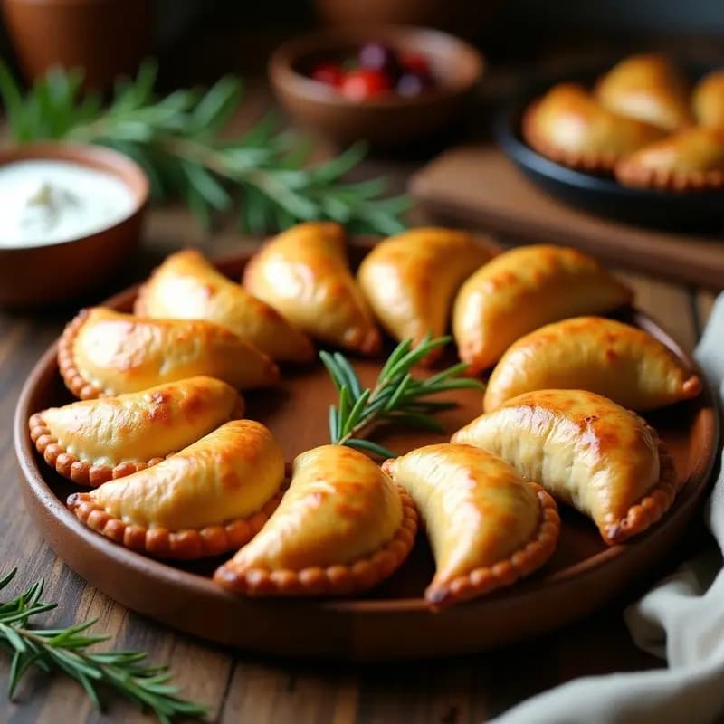 Empanadas argentinas veganas sin gluten con masa dorada de almidón de yuca, rellenas de picadillo de soja y hongos, dispuestas en bandeja de madera rústica con hierbas frescas.