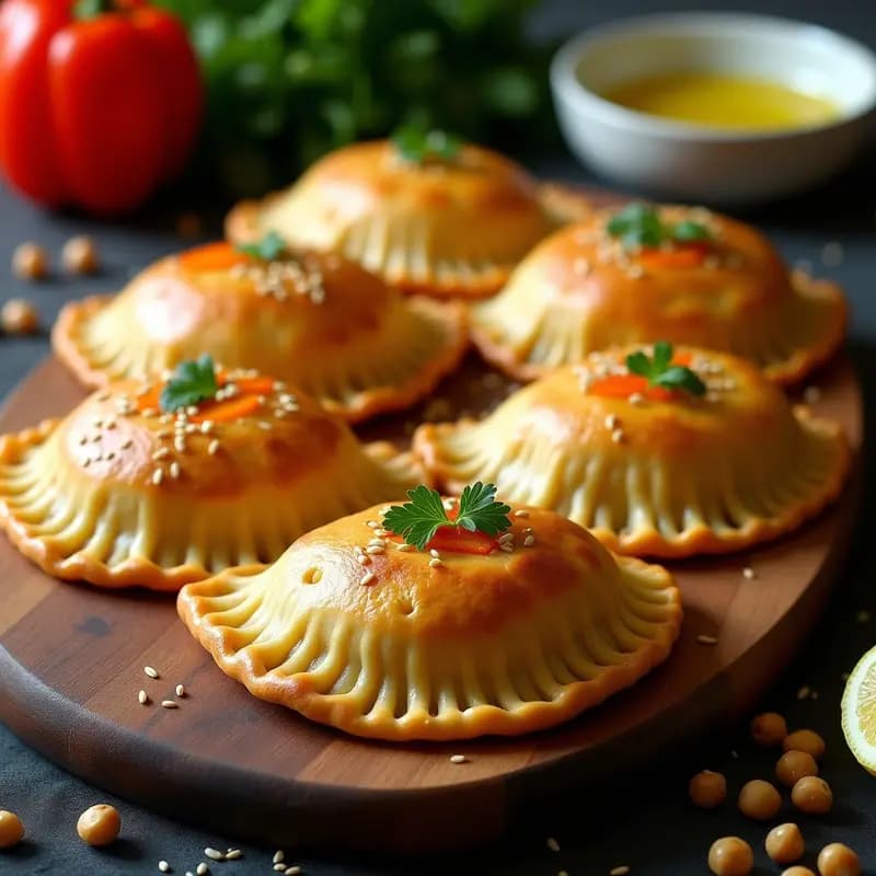 Empanadas argentinas veganas de hummus y pimiento asado horneadas, con base dorada de harina de garbanzo y lino, decoradas con semillas de sésamo y perejil fresco sobre una bandeja de madera rústica.