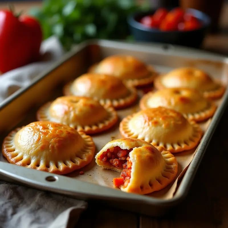 Empanadas argentinas veganas de soja texturizada y morrón asado, doradas y crujientes, dispuestas en una bandeja de madera con chimichurri al lado. Receta tradicional adaptada.