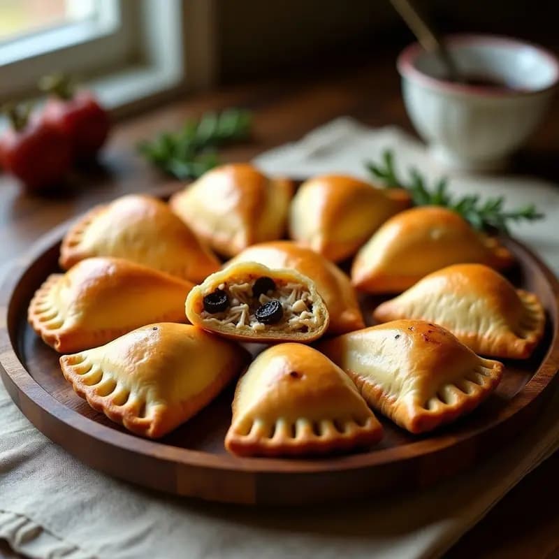 Empanadas de Arnaud doradas y crujientes sobre una bandeja de madera rústica, con relleno de pollo y uvas pasas asomando por los bordes sellados. Acompañadas de hojas de laurel y un fondo de cocina tradicional argentina.