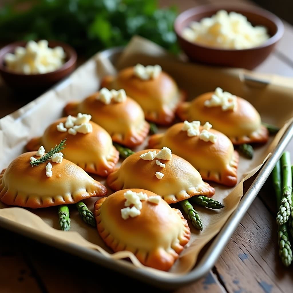 Bandeja de empanadas doradas de harina de arroz rellenas de espárragos trigueros y queso de cabra, servidas sobre papel de horno con un toque de perejil fresco. Receta argentina sin gluten.