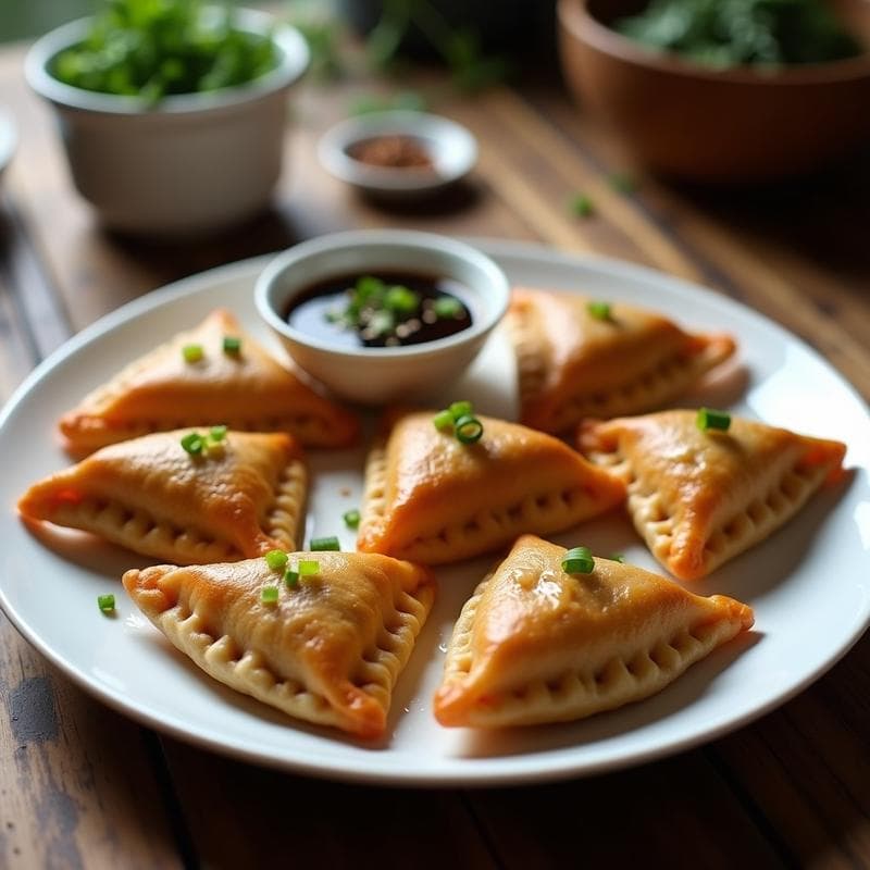 Empanadas chinas doradas y crujientes de harina de arroz rellenas de hongos shiitake, con pliegues decorativos en el borde, servidas en un plato de cerámica blanca con cebollino picado por encima y una salsa oscura al lado, receta sin gluten en airfryer.