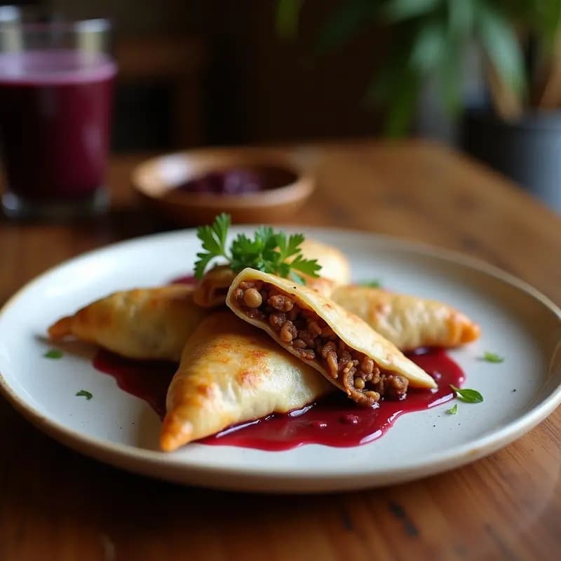 Empanadas doradas de masa de arroz morado con relleno de carne de res y cacahuates, servidas en un plato de madera con cacahuetes espolvoreados encima. Receta china en airfryer.