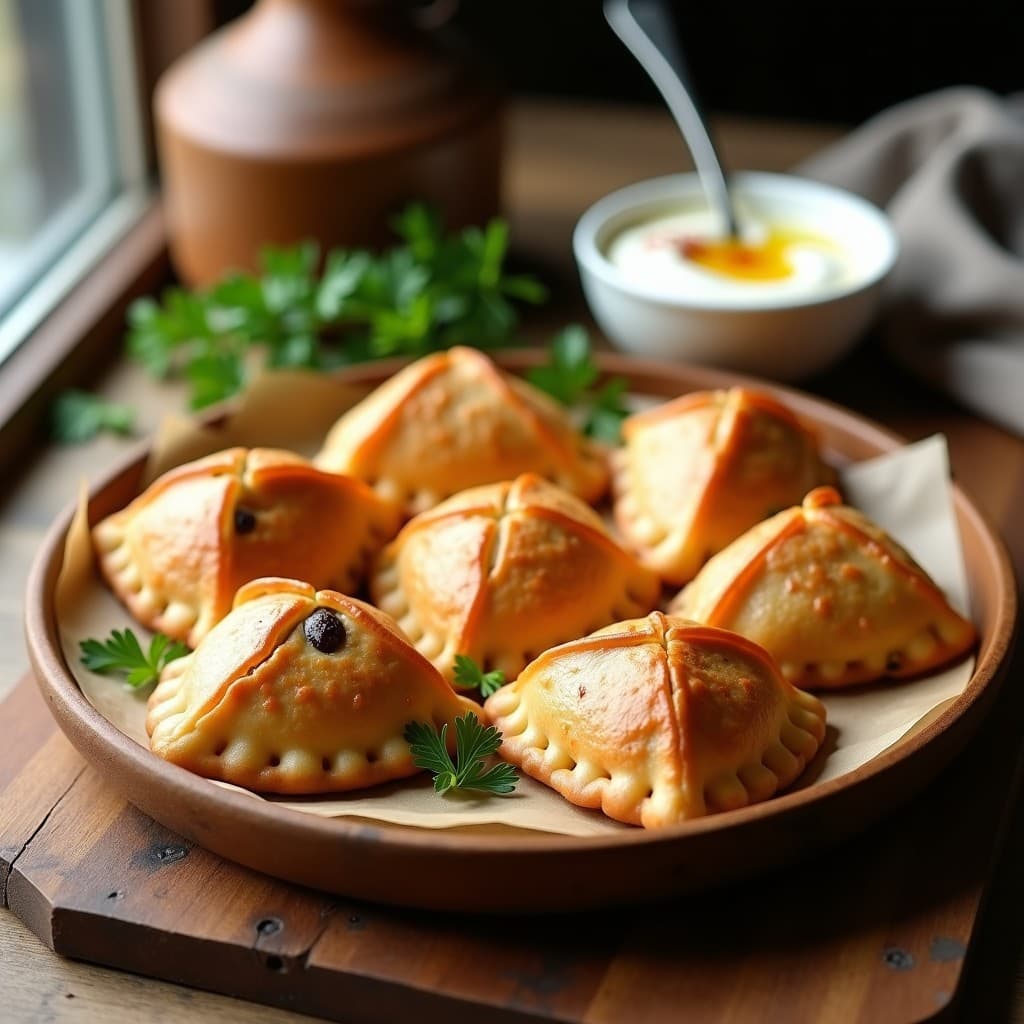 Empanadas doradas y crujientes de atún y aceitunas Kalamata con masa de harina de garbanzo, dispuestas en una bandeja de madera rústica con hierbas frescas y un plato de yogur griego al fondo. Receta sin gluten alta en proteína.